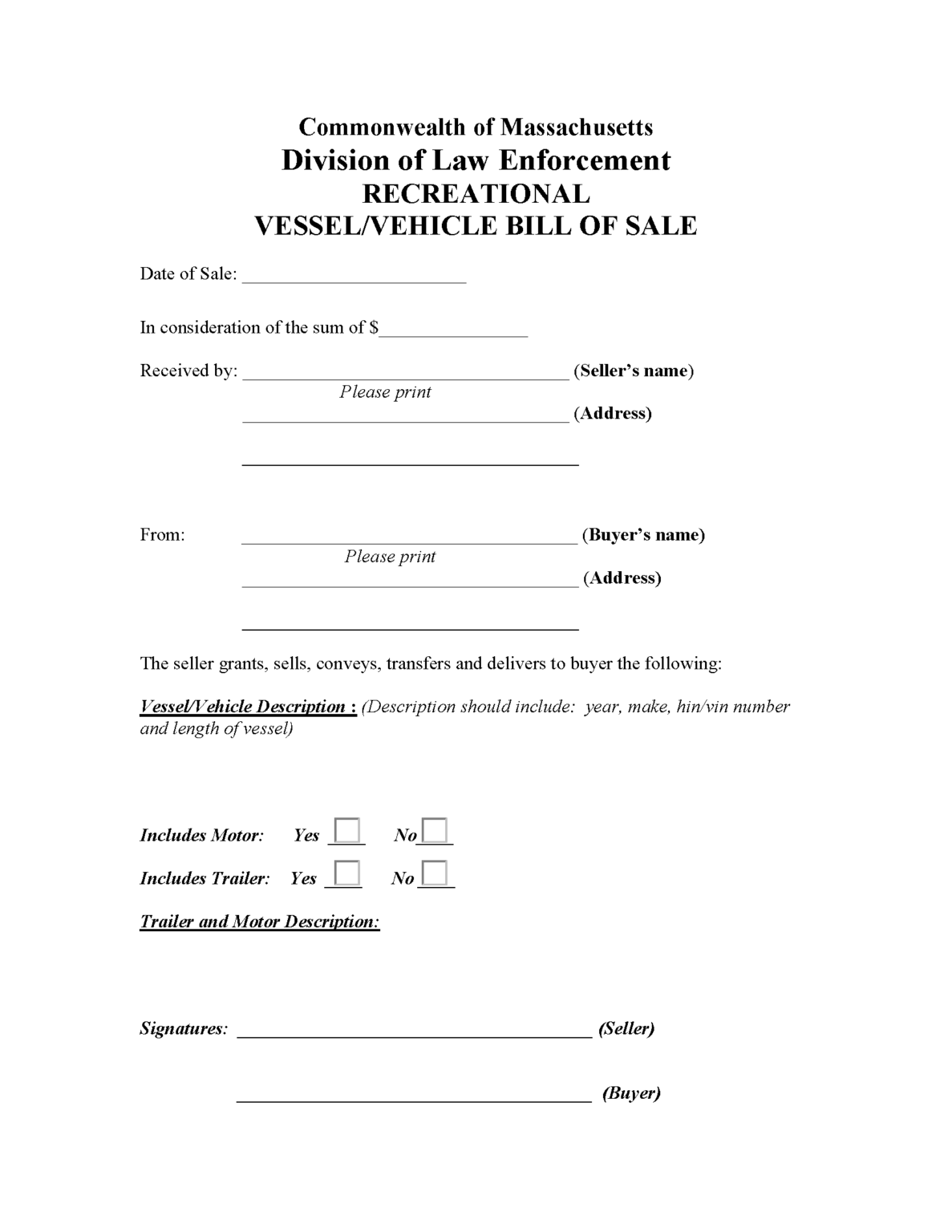 Boat Bill of Sale Template Massachusetts