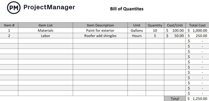Construction Bill of Quantities Template