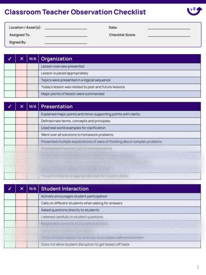 Assessment Checklist Template For Teachers