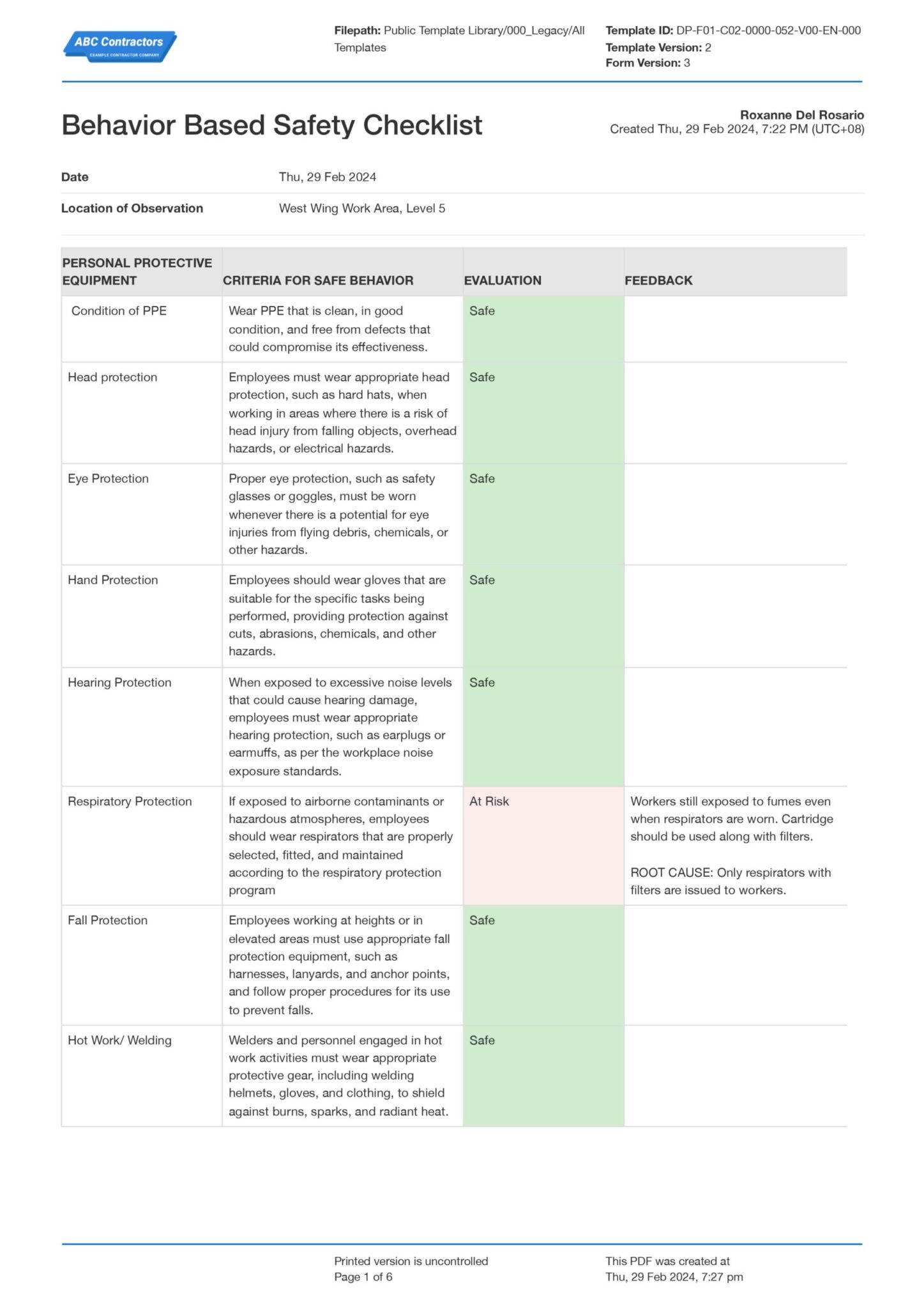 Behavior Based Safety Observation Checklist Template