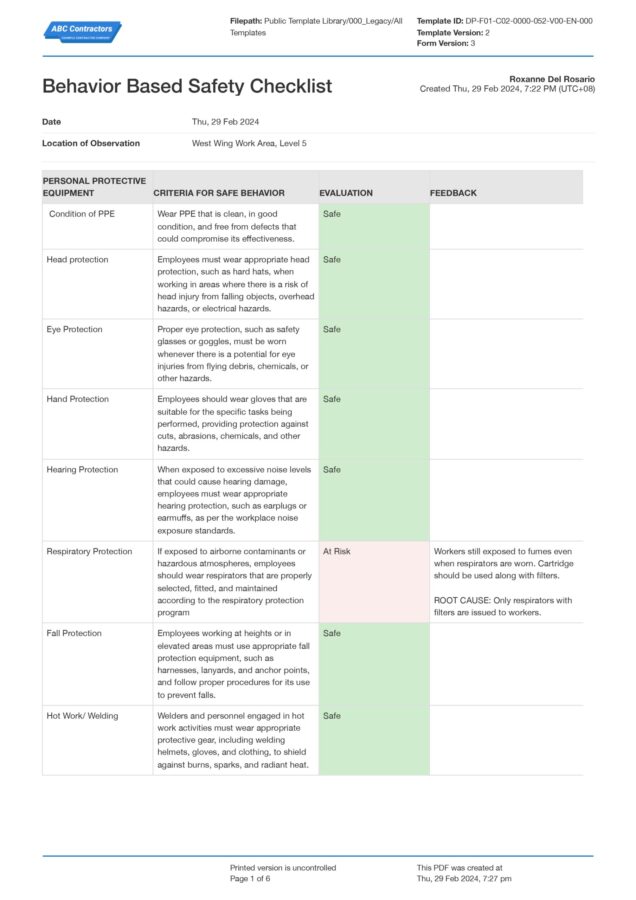 Behavior Based Safety Observation Checklist Template
