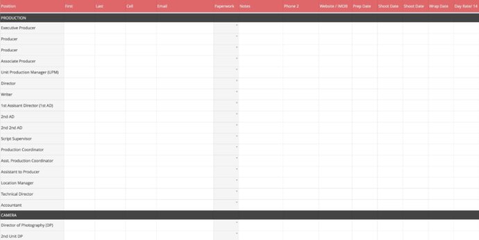 Film Production Crew List Template