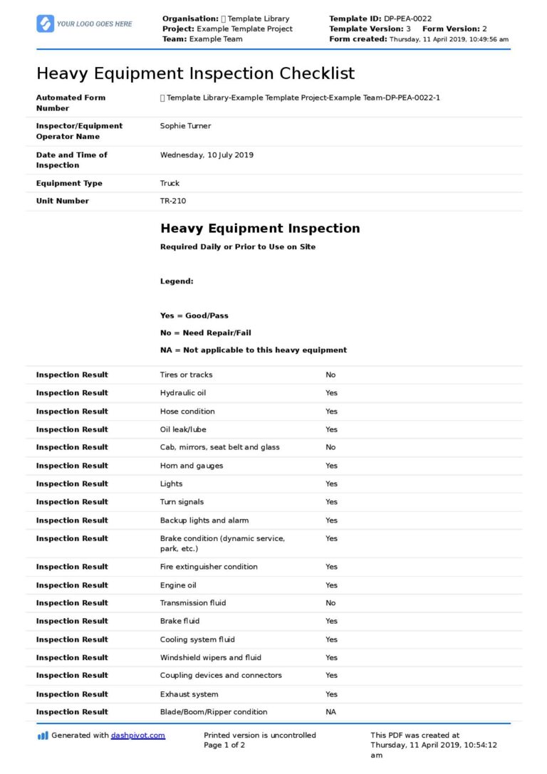 Equipment Delivery Inspection Checklist Template
